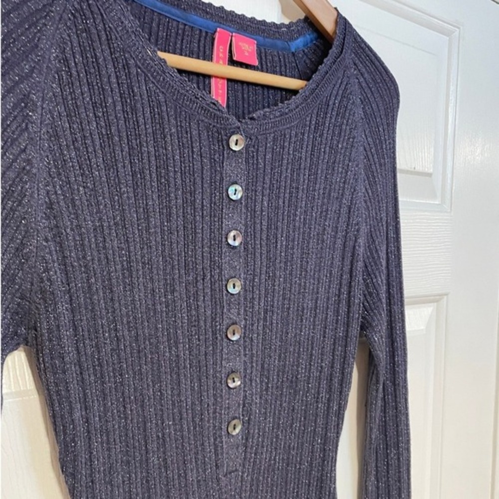 Vintage Y2K Metallic Silk Cashmere Ribbed Knit Henley Top XL Charlotte Tarantola